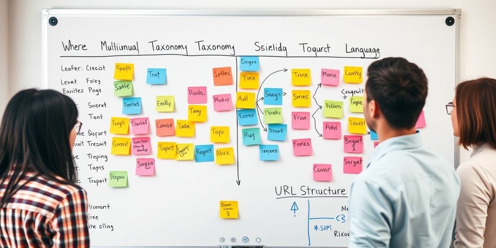 A collaborative team planning multilingual taxonomy on a whiteboard with colorful sticky notes, arrows linking languages, and a focus on URL structure and translation workflow.
