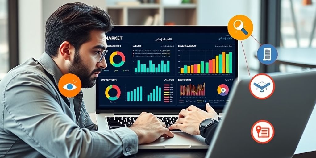 A modern entrepreneur analyzing niche market data on a laptop screen showing Persian language analytics dashboards, surrounded by vibrant icons representing specific customer segments, with a focused and strategic expression.