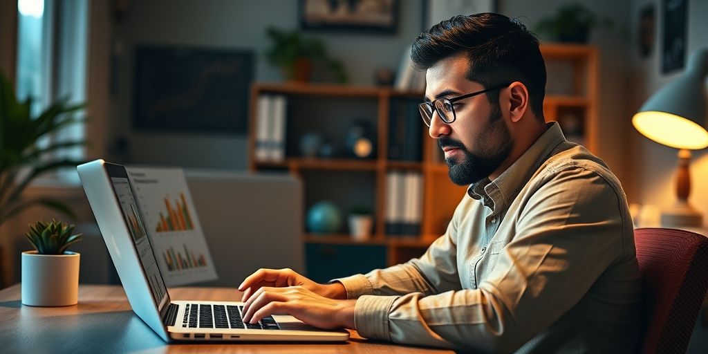 A Persian small business owner at a laptop analyzing niche audience charts with Persian UI, warm studio lighting, authentic office details, focused expression, detailed analytics visuals