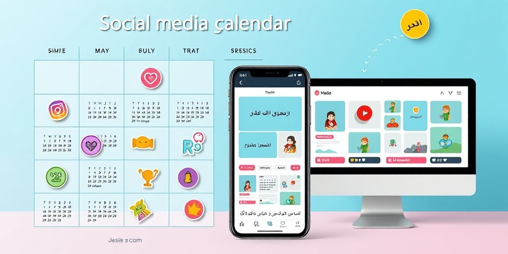 A social media content calendar with Persian captions, niche icons, colored stickers, smartphone and desktop screens showing Instagram-style layouts, modern flat design, bright colors