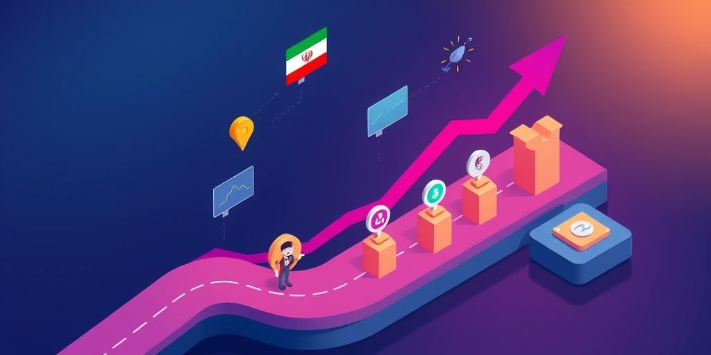 Illustration of a roadmap arrow overtaking competitors, Persian small brand icons, growth charts, glowing milestones, vibrant colors, isometric perspective, professional startup atmosphere