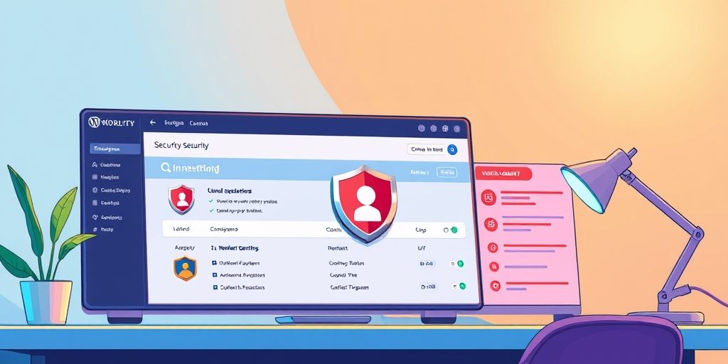 A detailed, vibrant illustration of a WordPress security dashboard with shield icons, clean headers, and a calm developer optimizing settings in a modern workspace under soft, focused lighting.