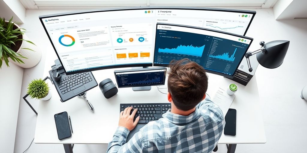 An overhead desk view of a developer reviewing site performance dashboards, highlighting Lighthouse scores, network waterfall, and mobile optimization strategies in a bright, modern workspace.