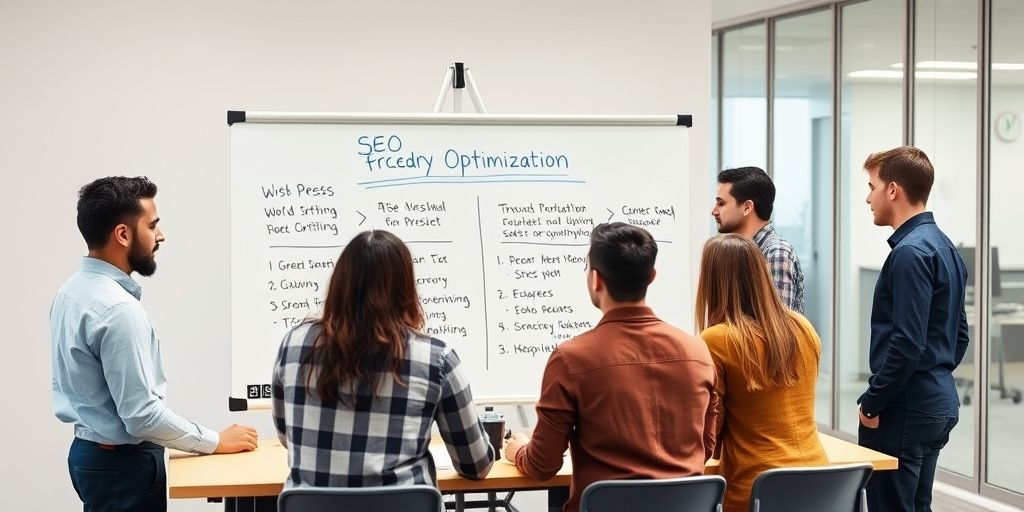 A collaborative team meeting around a whiteboard outlining SEO-focused WordPress optimization steps, with diverse team members and a sleek office background.