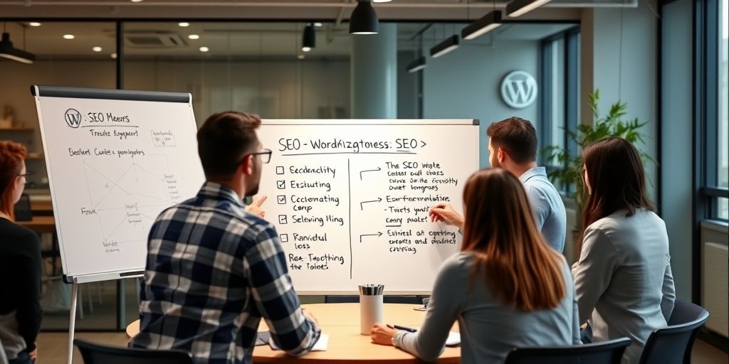 A focused team meeting around a whiteboard outlining SEO-focused WordPress optimization steps, with diverse team members and a modern office background.