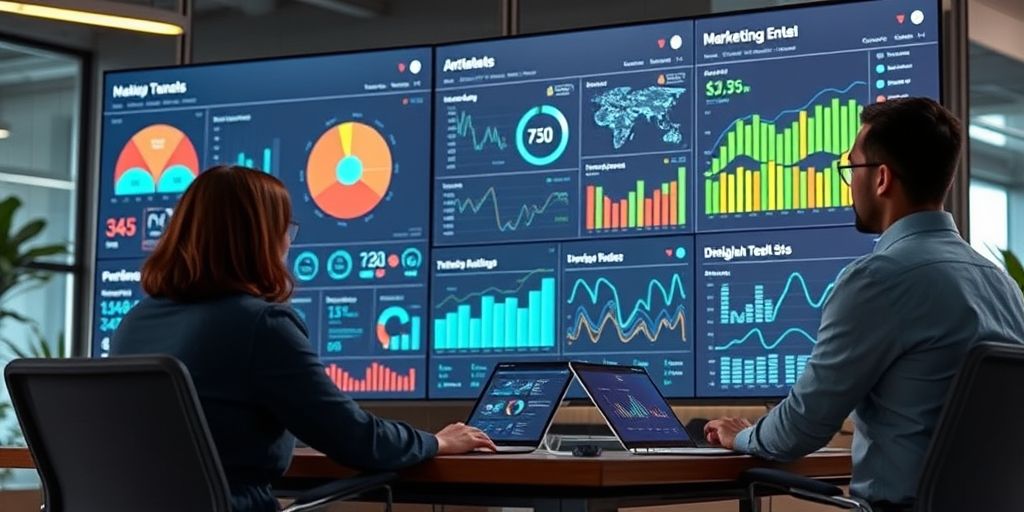A modern marketing team analyzing SEO dashboards on large screens, with AI data overlays, vibrant office lighting, and subtle Persian design accents, illustrating human-AI collaboration driving fast, measurable SEO improvements.