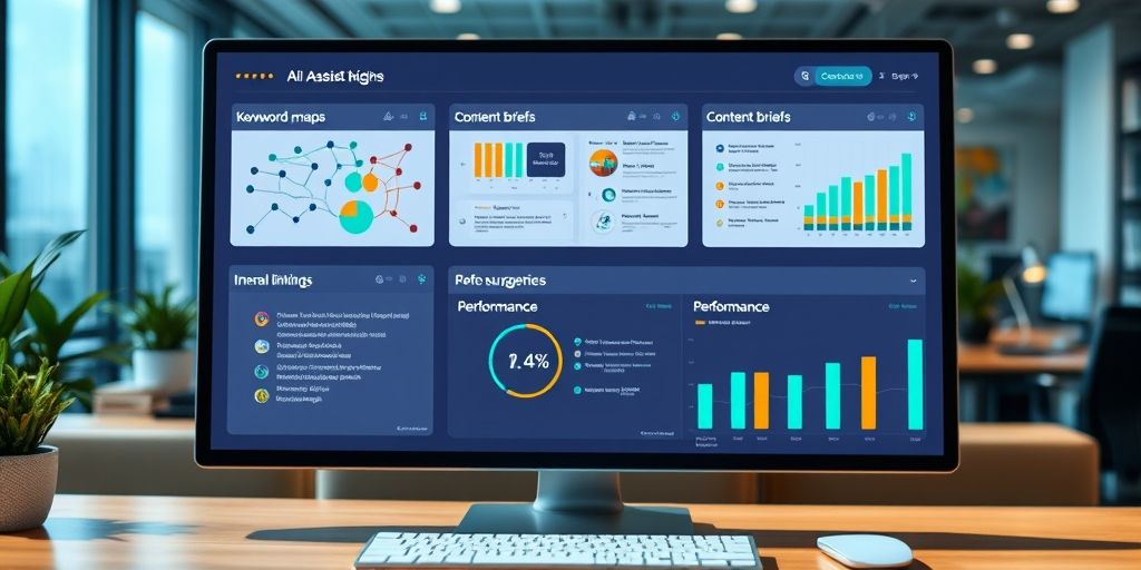 An AI-assisted content optimization workflow displayed on a computer dashboard: keyword maps, content briefs, internal linking suggestions, and performance charts, with clear color-coding and a modern office backdrop to emphasize efficiency and clarity.