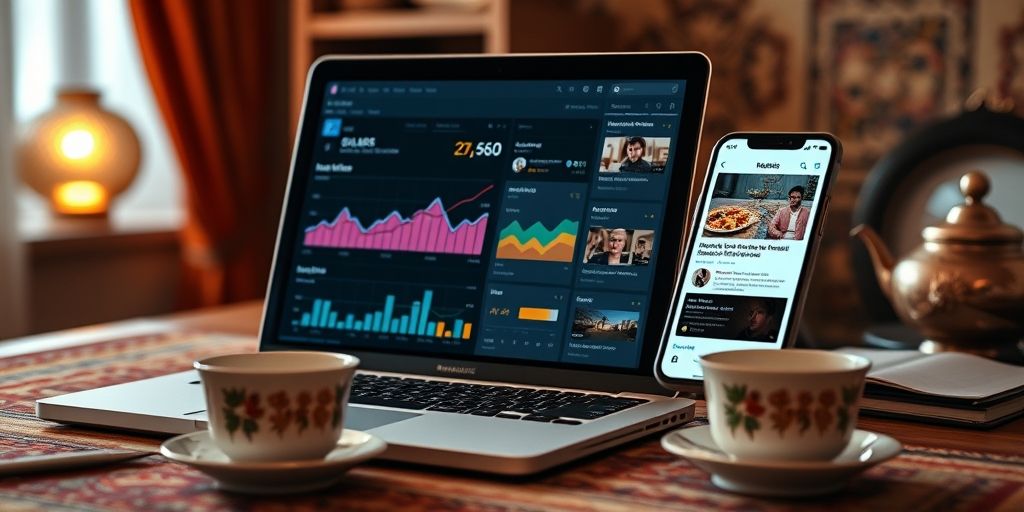 Close-up of a Persian-style laptop workspace showing SEO analytics, rising share counts, and a mobile preview; warm lighting, a traditional teacup, and a neat desk convey productivity, focus, and social virality potential.