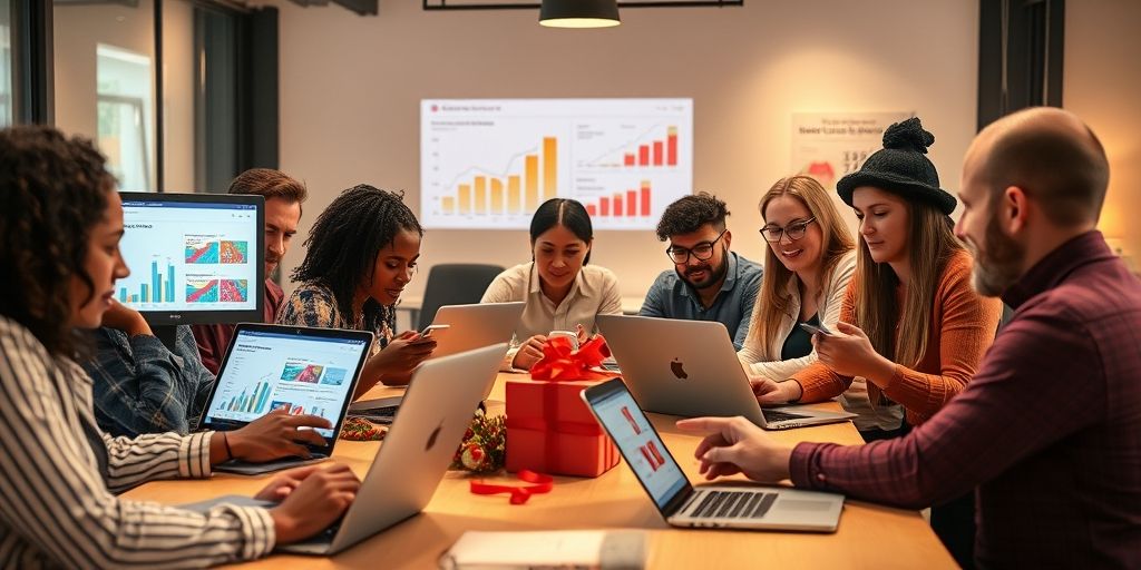 A high-resolution scene of a diverse marketing team brainstorming gift card strategies across laptops and smartphones, with colorful charts on screens, warm office lighting, modern digital marketing vibe, depicting collaboration and data-driven creativity.