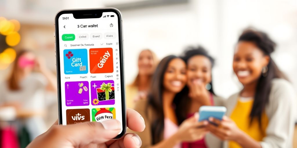 A vibrant digital wallet interface showing various gift cards, seamless checkout on a smartphone, diverse users smiling, soft blur background, conveying celebration and customer engagement through rewards.