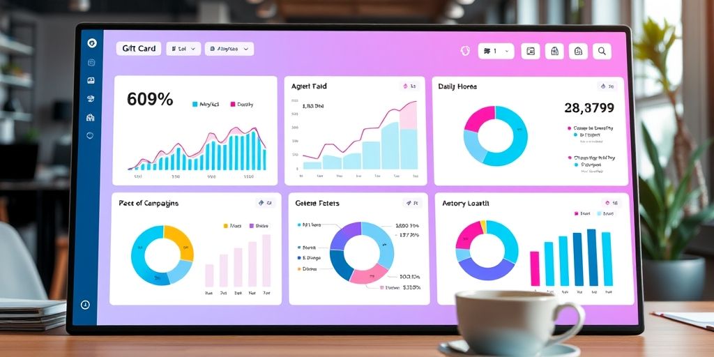 A vibrant analytics dashboard showing ROI metrics for gift card campaigns, clean UI, trend lines, pie charts, and annotative highlights, office setting with a coffee cup, creating a data-driven growth atmosphere.