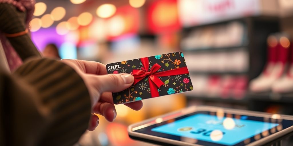 A close-up, highly detailed shot of a vibrant gift card being scanned at checkout, glowing light reflections, modern ecommerce UI, soft Persian consumer context, cinematic lighting.