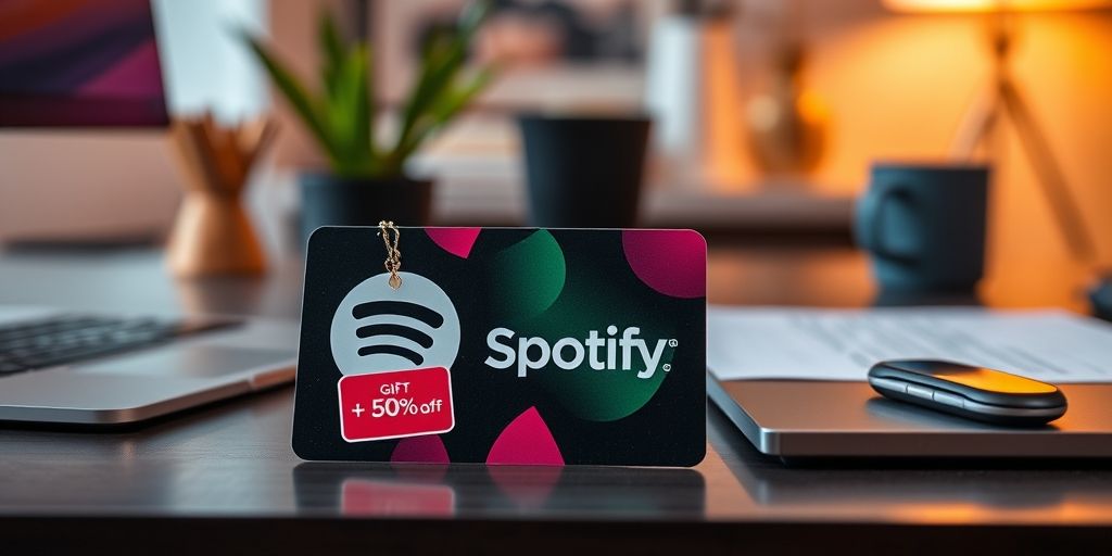 A close-up shot of a Spotify gift card on a minimalist desk, vibrant colors, discount tag, modern Persian home office ambiance, warm lighting, inviting and shareable.