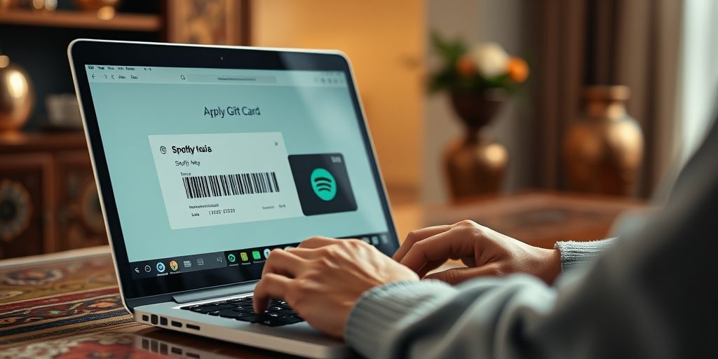 An action shot of a user applying a Spotify gift card code on a laptop screen, soft bokeh background, hints of Persian decor, conveying ease of use and trust.