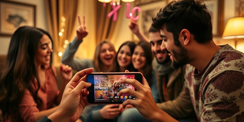 A celebratory setting showing friends sharing music through Spotify on a phone, colorful UI, cozy Persian living room, capturing excitement and social sharing.