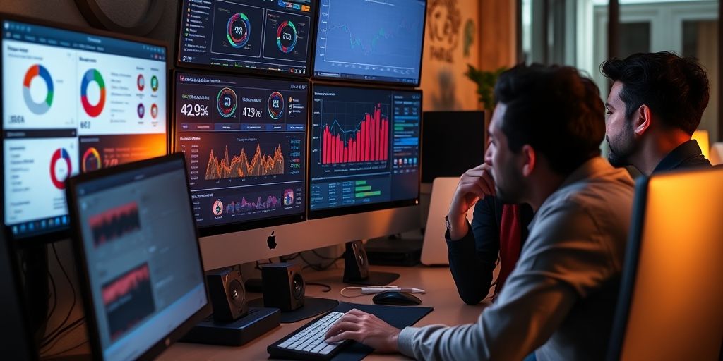 A close-up, highly detailed computer workspace with multiple screens showing AI-powered SEO dashboards, Persian UI elements, warm desk lighting, and a thoughtful team discussing strategy for content optimization.