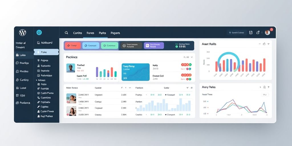 A detailed, high-resolution dashboard concept showing modular WordPress admin panels, with color-coded widgets, charts, and user roles, arranged in a clean layout with soft lighting and a sense of clarity and control.