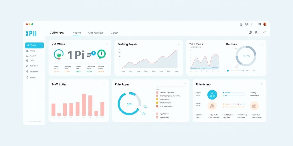 A mid-section illustration of a multi-site WordPress network dashboard with KPI widgets, traffic charts, and role-based access diagrams, presented in a calm, blue-toned theme that conveys scalability and collaboration across teams.