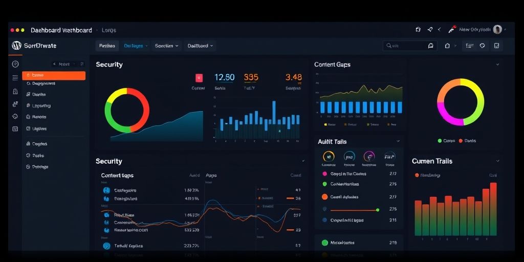 An expansive, cinematic screenshot of a large WordPress dashboard used by multiple teams, featuring widgets for performance, security, content gaps, and audit trails, with a modern dark-mode UI and vibrant accent colors.