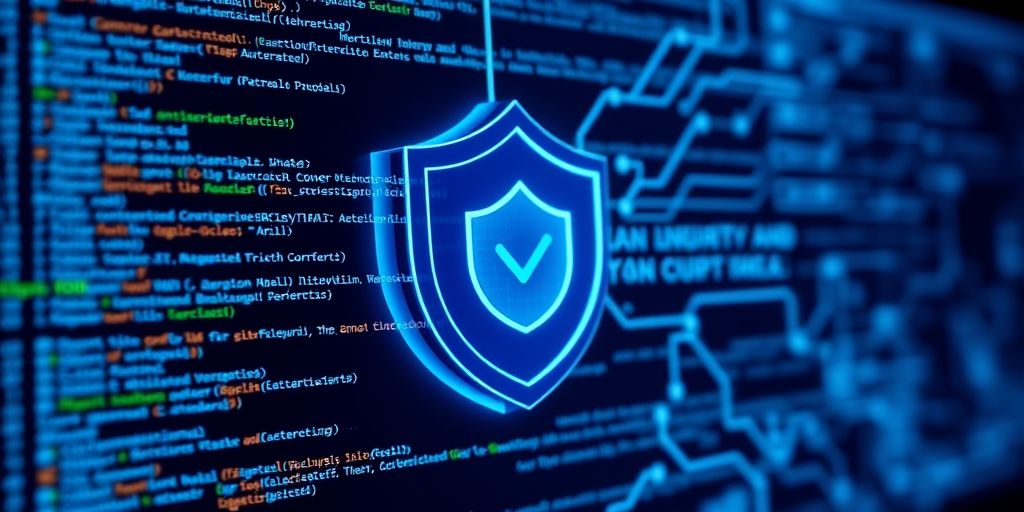 An AI-assisted security and maintenance concept art: code snippets, a shield icon, automated backups, and calm blue lighting, symbolizing reliable site health and threat detection.