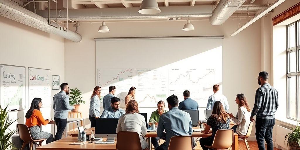 A modern open-plan tech startup office with diverse team, whiteboard filled with code and market graphs, warm sunlight, Persian decor accents, and a sense of dynamic collaboration and innovation.
