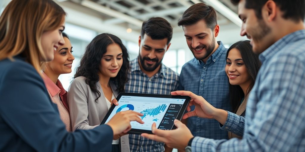 A close-up shot of a diverse team examining a tablet showing AI dashboards, in a modern coworking space, soft lighting, subtle Iranian motifs, conveying data-driven decision making and cutting-edge technology.