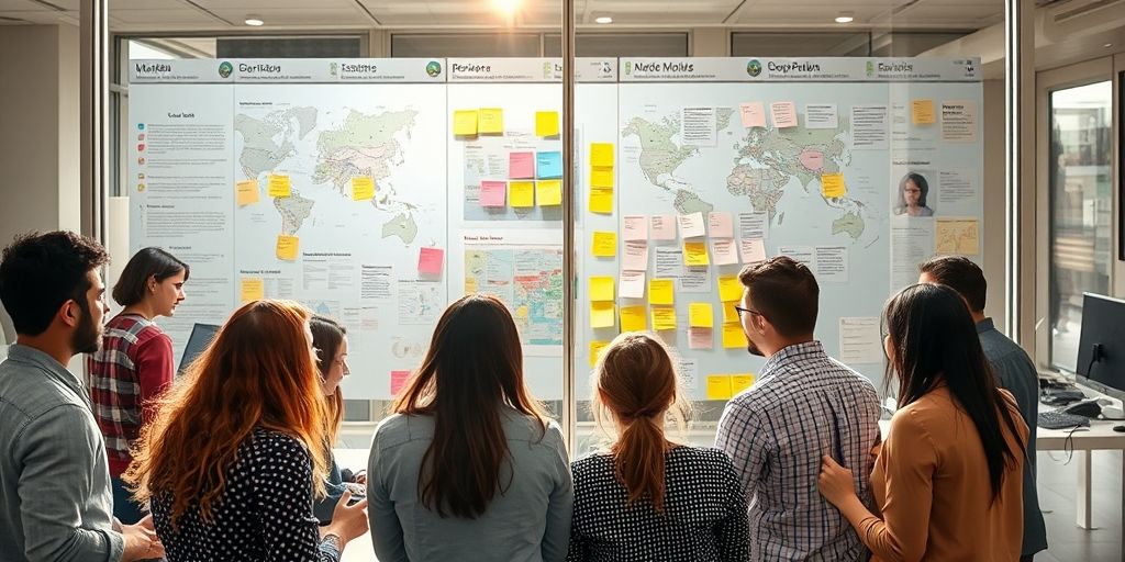 A diverse startup team gathers around a glass wall filled with market maps, personas, and post-its, sunlight spilling in. The scene conveys collaborative strategy planning, clarity, and a future-ready marketing mindset for 2025.