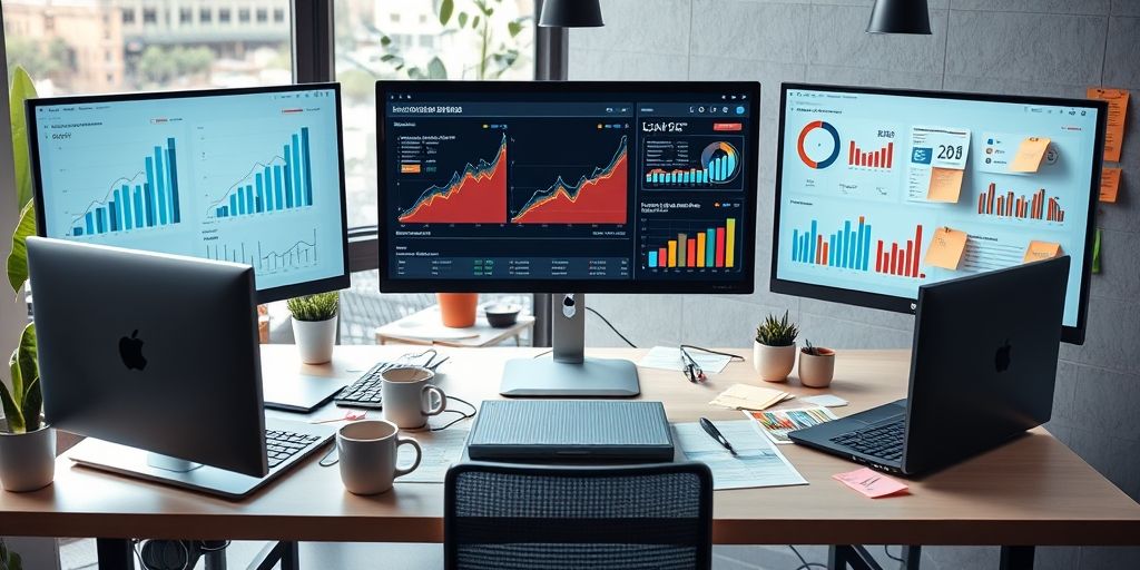A bright, data-driven workspace with monitors showing conversion graphs, funnel charts, and KPI dashboards, sticky notes, and coffee cups; a modern startup environment illustrating how analysis shapes marketing decisions in 2025.