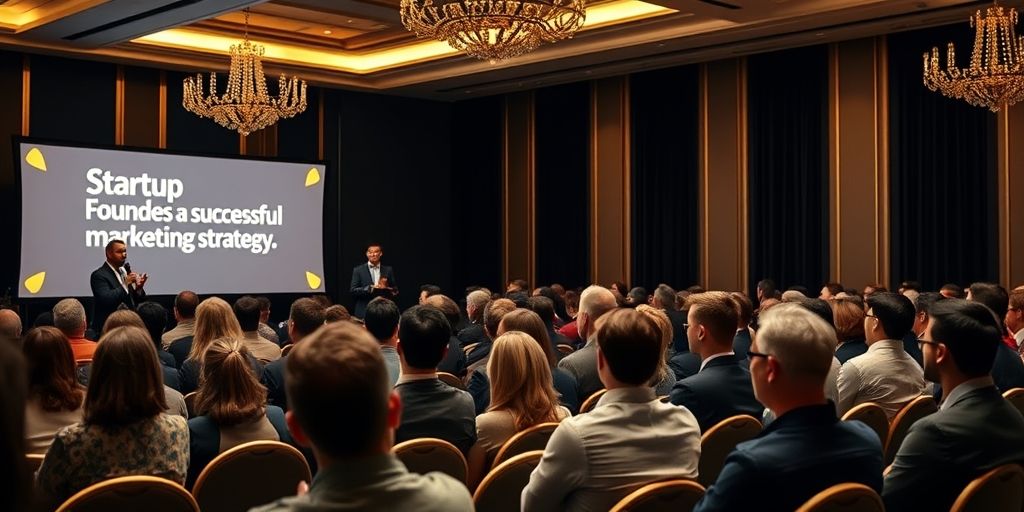 A polished black and gold themed conference scene showing startup founders sharing a successful marketing strategy with an engaged audience.