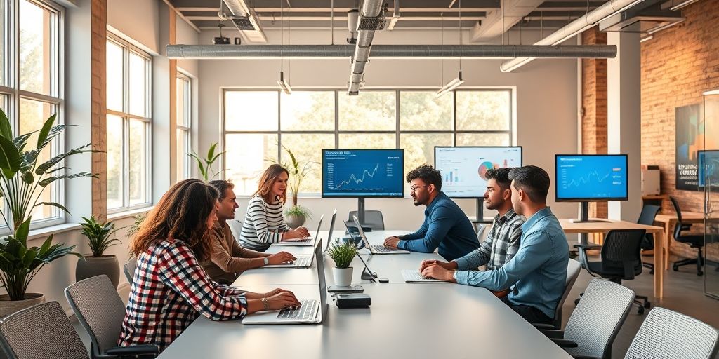 A high-resolution, vibrant coworking space with diverse founders planning a social media strategy, warm natural light, modern screens showing analytics, collaboration, startup vibe.