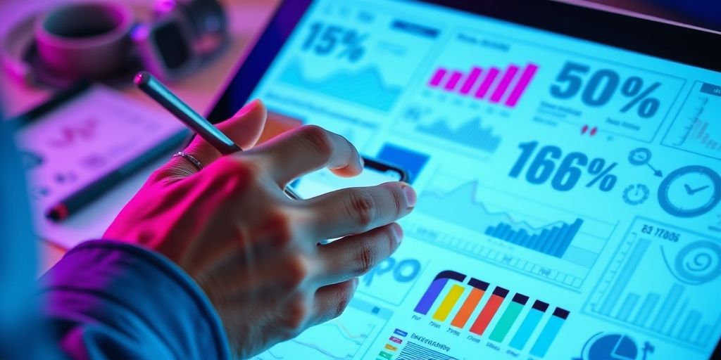 Close-up of a designer creating eye-catching social media visuals: bright colors, typography, mobile device, blueprint sketches, engaging metrics on screen, conveying creativity and data-driven strategy.