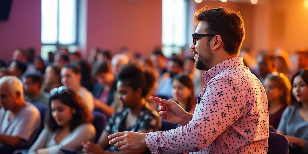 A lively community manager responding to comments in real-time, diverse audience participation, warm lighting, a sense of community and belonging.
