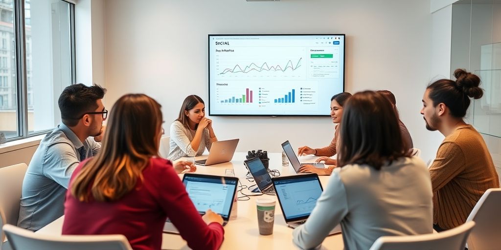 A thoughtful team reviewing social metrics on laptops in a bright conference room, charts and graphs on screen, diverse team, candid strategy session, emphasizing learning and iterative improvement.