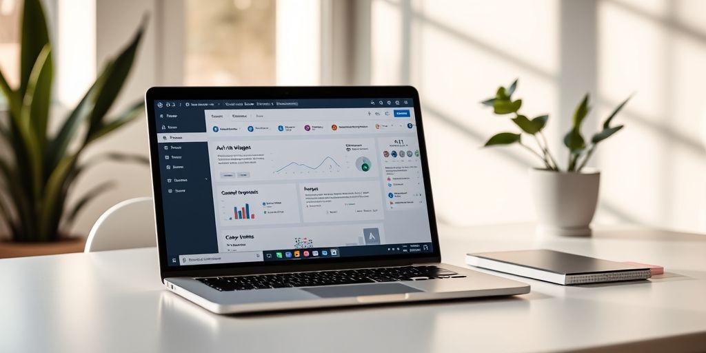 A modern workspace featuring a laptop open to a WordPress dashboard with AI widgets, charts and copywriting prompts, warm natural light, and a calm color palette, conveying efficient AI-powered site management.