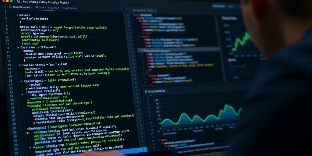Close-up of a developer configuring AI plugins on a WordPress site, showing code snippets, dashboard charts, and a responsive design mockup, with a focus on productivity and automation.