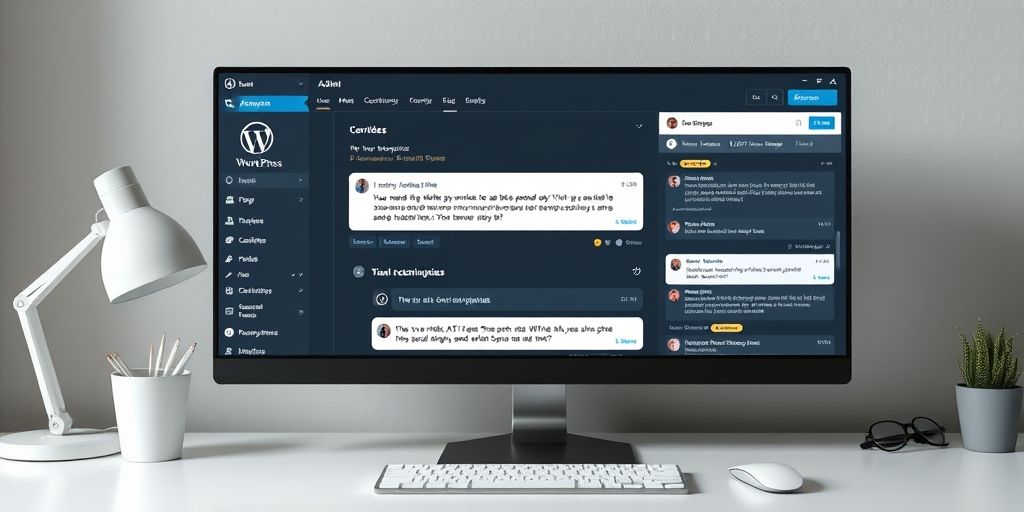 A clean workstation with a chat interface on a WordPress admin panel, showing AI-powered responses and user inquiries, emphasizing efficient customer support and personalized user experiences.