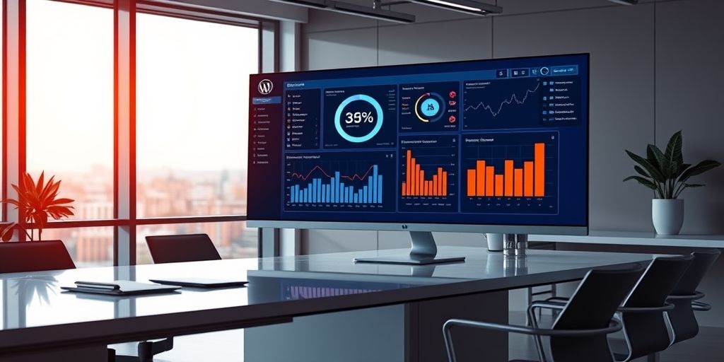 A sleek, futuristic office scene with a large monitor displaying analytics dashboards powered by AI, symbolizing intelligent website management and strategic decision-making for WordPress users.