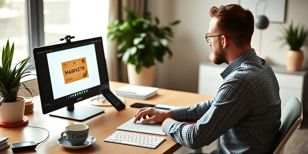A strategic workspace with a laptop, coffee, and a gift card on screen, a marketer drafting a 10-step gift-card campaign plan in a modern office with soft daylight and neat desk.