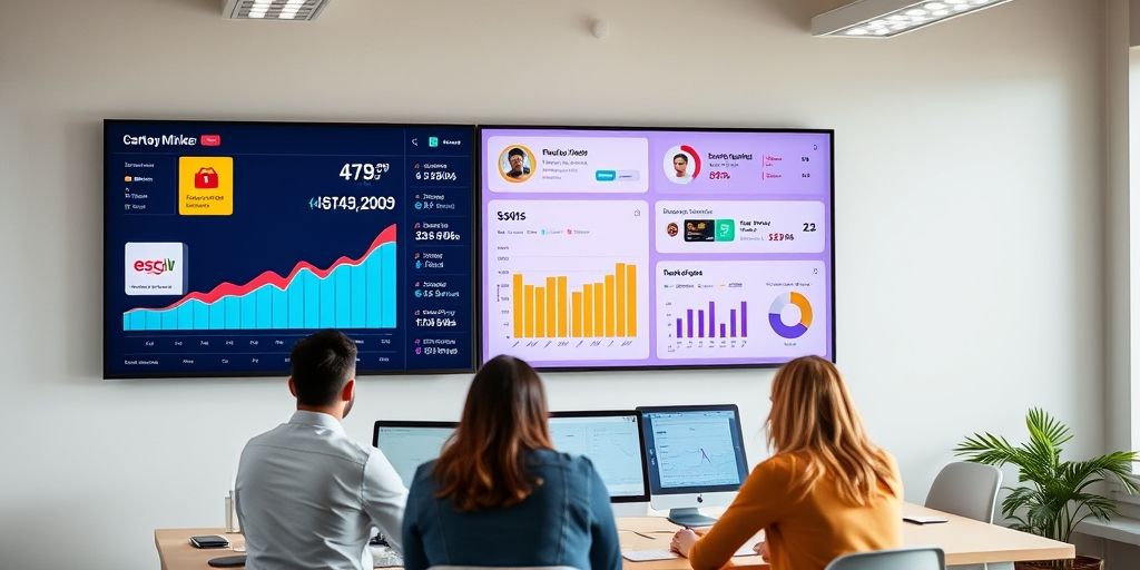 A vibrant dashboard showing gift card campaign metrics, conversions, and engagement on a large wall-mounted screen, with teammates analyzing data in a bright, collaborative marketing team room.
