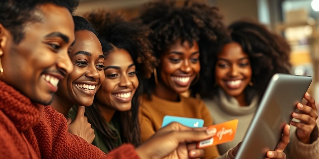A close-up of diverse customers smiling as they redeem gift cards online, with subtle branding and a warm, hopeful atmosphere.