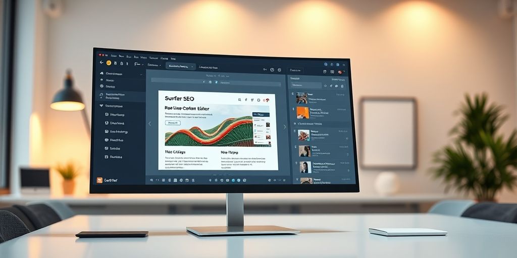 A high-resolution monitor showing Surfer SEO interface with real-time content editor and AI suggestions, in a modern workspace, warm lighting, and clean design, conveying efficiency and clarity.