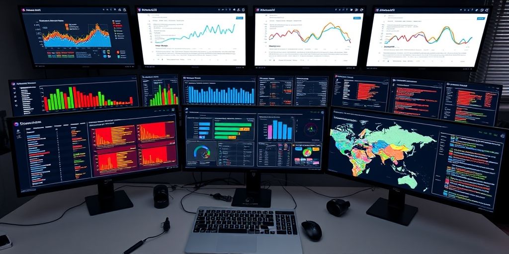 A visually rich workspace showing Frase AI analyzing SERP questions and content clusters, with vibrant dashboards and keyword maps on multiple monitors.