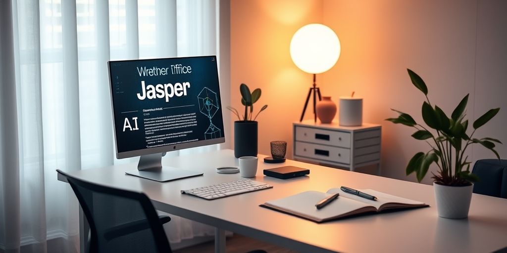 A modern office desk with Jasper AI on screen, a writer editing content with AI assistance, warm ambient light, and minimalist decor that conveys creativity and precision.
