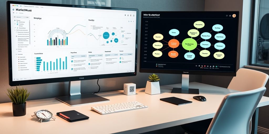 A Strategist desk with MarketMuse analytics and content architecture diagrams on a large screen, showcasing strategic planning for content clusters and SEO optimization.