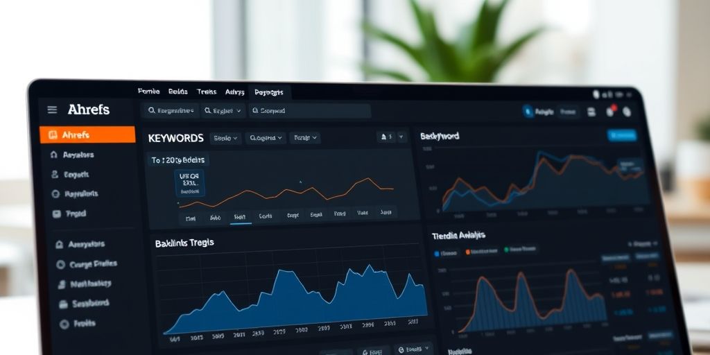A close-up shot of Ahrefs dashboard showing keyword and backlink analysis with trend graphs, in a modern workspace with a focus on data visualization.
