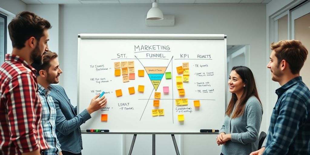 A modern startup marketing team gathered around a whiteboard, mapping funnel stages and KPIs, with colorful sticky notes, in a bright office, conveying strategy and clarity.