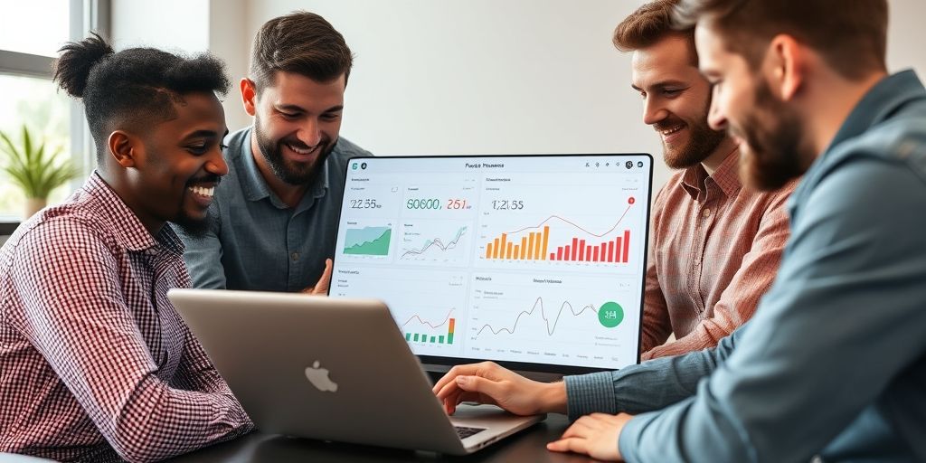 A close-up of a diverse group of founders reviewing data dashboards on a laptop, showing charts and growth metrics, with a calm, collaborative atmosphere.