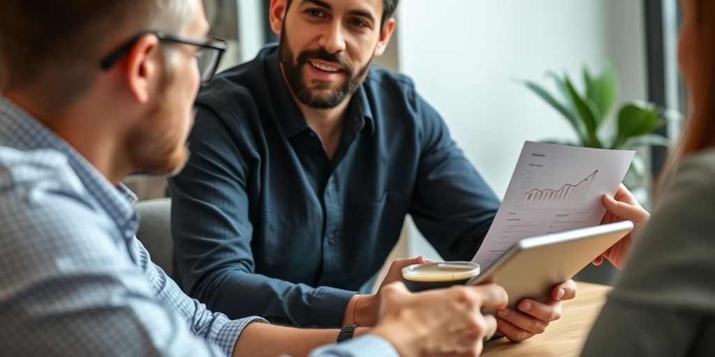 A close-up of a confident founder presenting a growth plan to a small team, with a glass of coffee and a digital tablet, conveying momentum and trust.