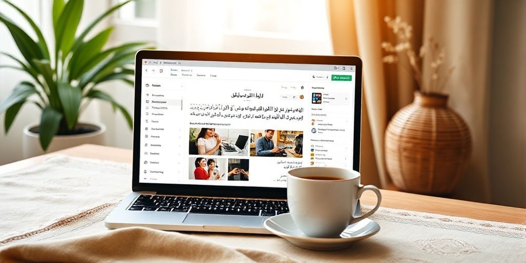 A modern Persian workspace showing a laptop screen with a WordPress dashboard open, Persian text visible, soft natural light, cozy tea cup, warm tones, sharp focus on page management UI