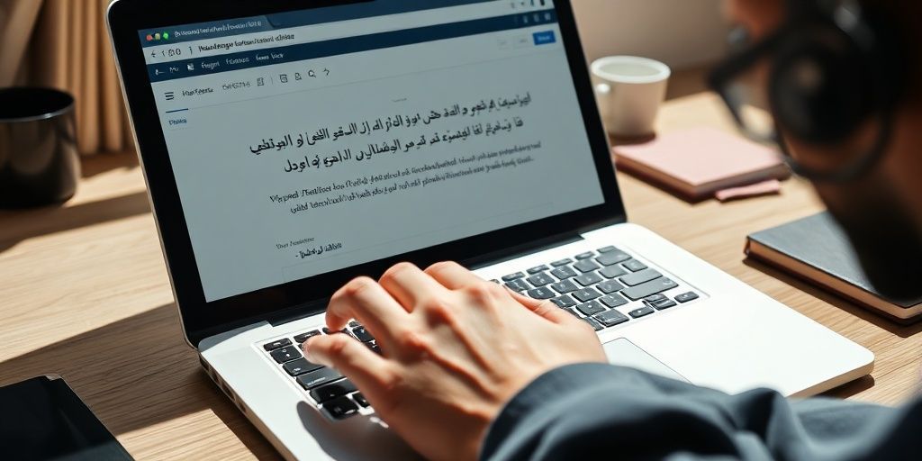 High-resolution close-up of hands typing Persian content on a laptop WordPress Gutenberg editor, visible blocks, clear typography, daylight, minimalist desk accessories, crisp UI focus